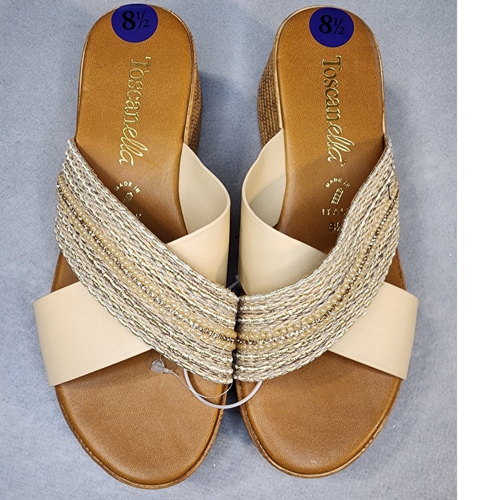 Toscanella Wedge Slide Sandals Womens 8.5 Beige Excellent Metallic Beaded Italy